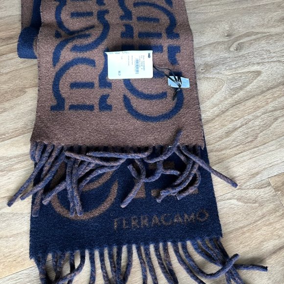 Ferragamo Reversible Wool Scarf, Brown + Navy - Picture 1 of 4